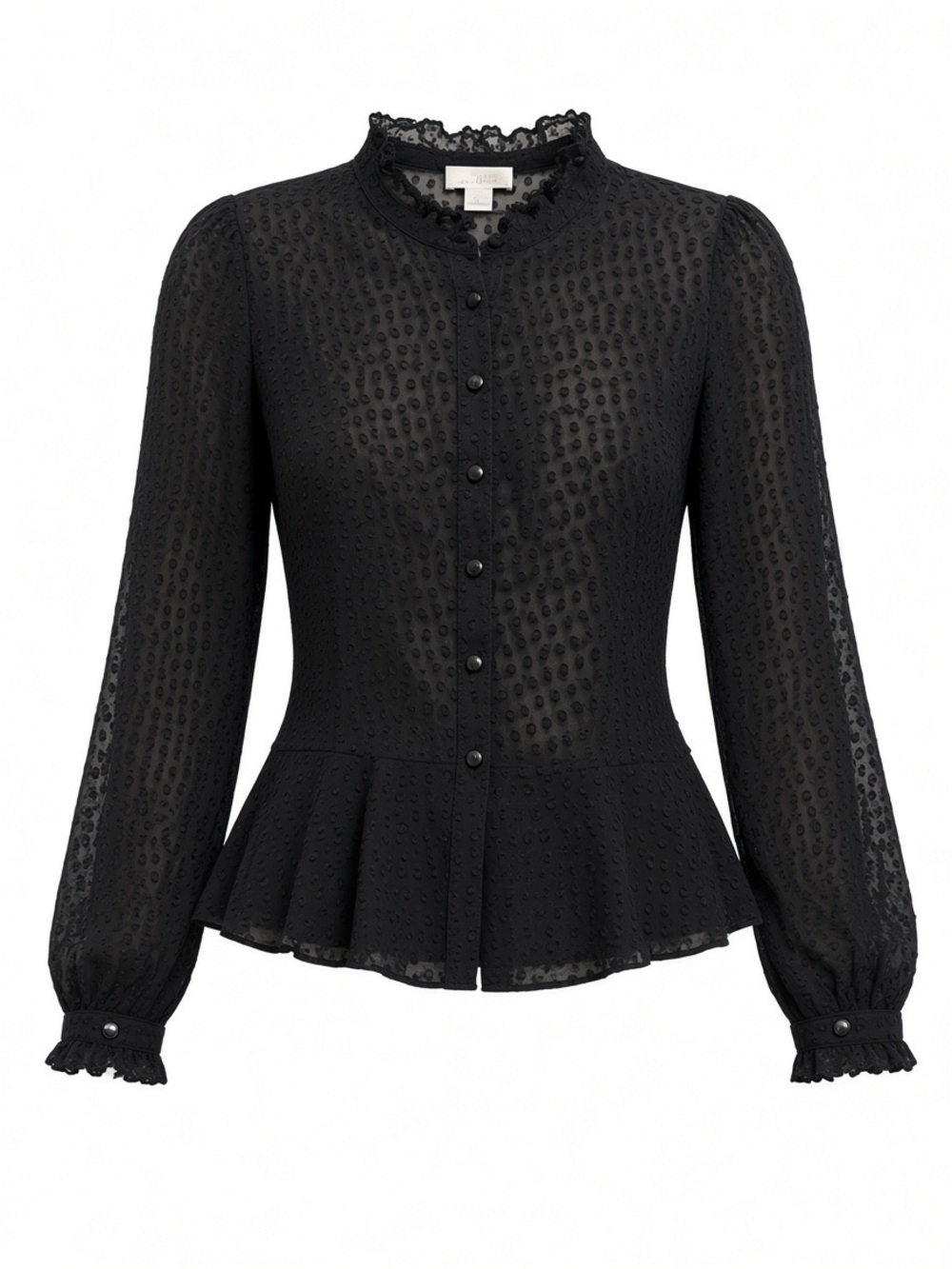 LOFT Black Lace-Texture Peplum Button-Down Blouse